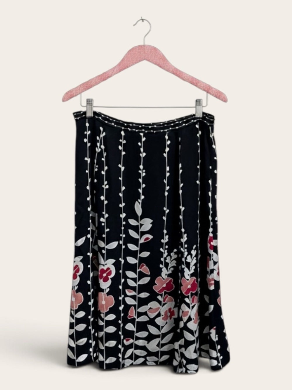 Talbots Petites Pure Silk Floral Print A-Line Skirt Size 12P Black Pink - Picture 2 of 13